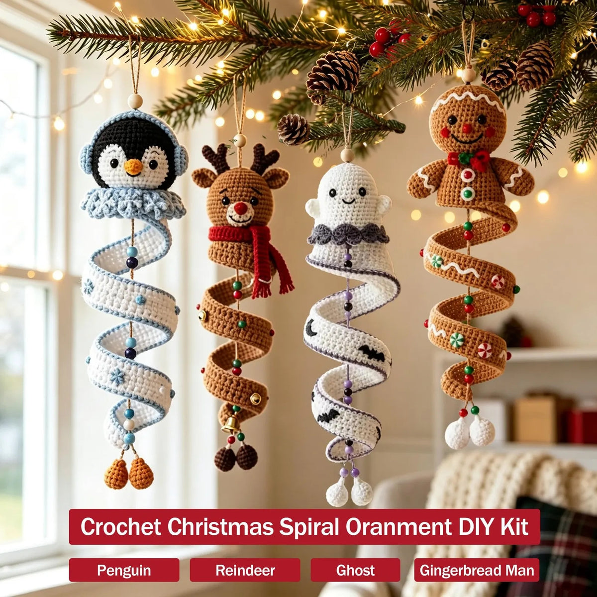 Spiral Christmas Ornament Crochet Pattern — Penguin, Reindeer, Ghost and Gingerbread Man, 4 Patterns in 1, US Terms, PDF Download