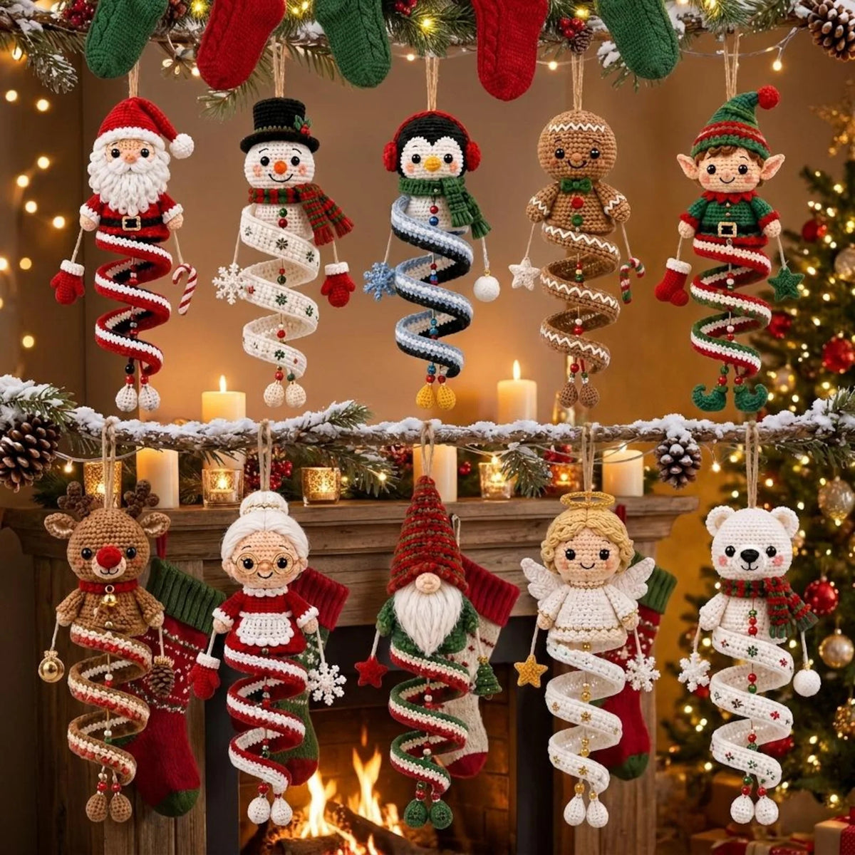 Christmas Spiral Ornament Crochet Pattern Bundle | 10 Hanging Characters | Santa, Snowman, Gingerbread, Angel & More | PDF Instant Download