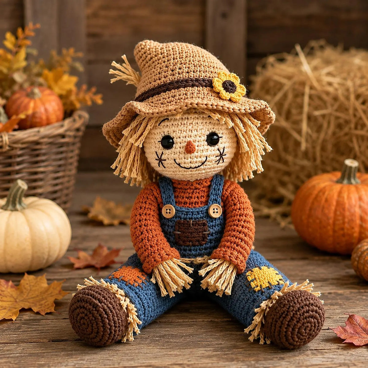 Scarecrow Amigurumi Crochet Pattern — Autumn Doll with Straw Hair and Dungarees, US Terms, PDF Download