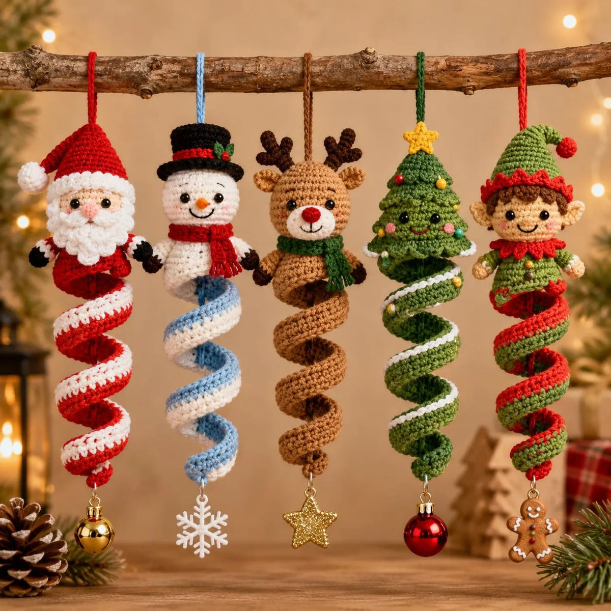Christmas Spiral Ornament Crochet Pattern | Set of 5 Hanging Decorations | Santa, Snowman, Reindeer, Tree & Elf | PDF Instant Download