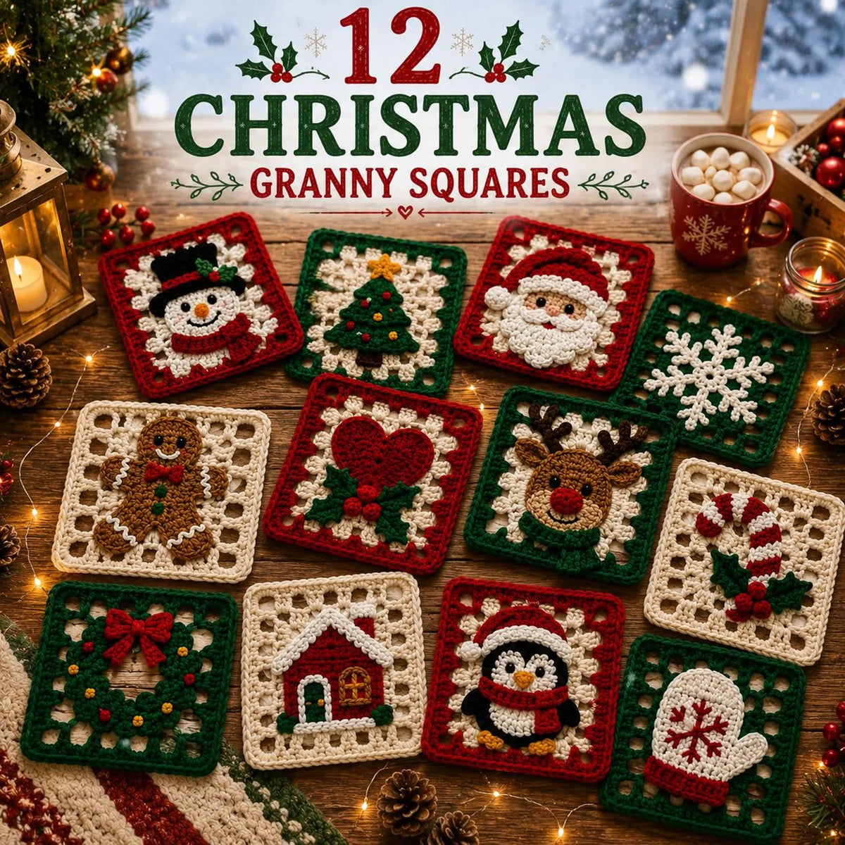 12 Christmas Granny Squares Crochet Pattern — Festive Motif Collection for Blankets, Cushions and Ornaments, US Terms, PDF Download