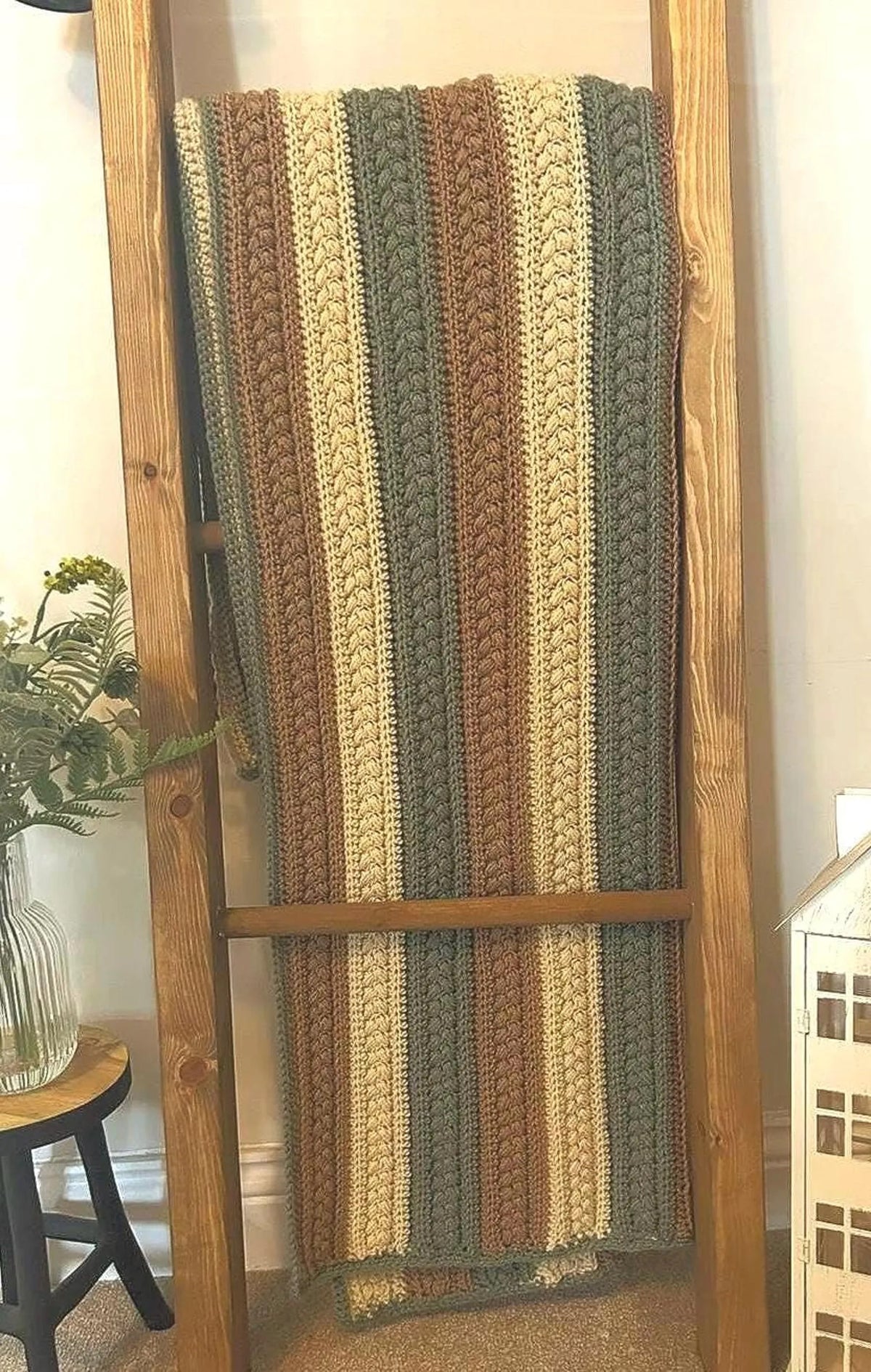 Cabled Stripe Blanket Crochet Pattern — Textured Braid Throw in Earth Tones, 4 Sizes, US Terms, PDF Download
