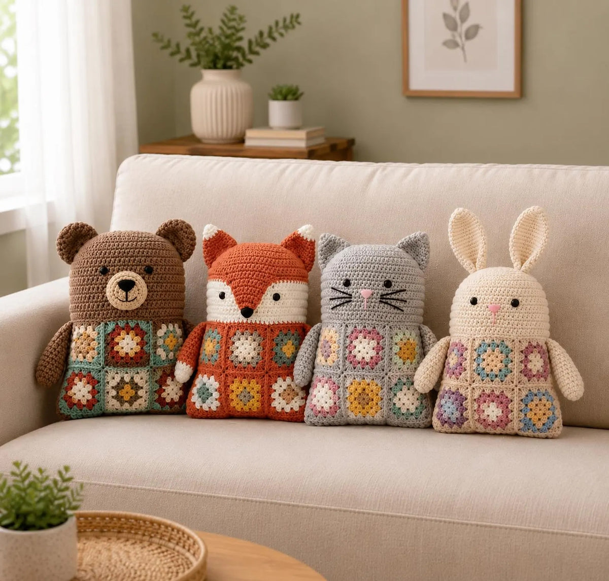Granny Square Animal Cushion Crochet Pattern — Bear, Fox, Cat and Bunny, 4 Patterns in 1, US Terms, PDF Download