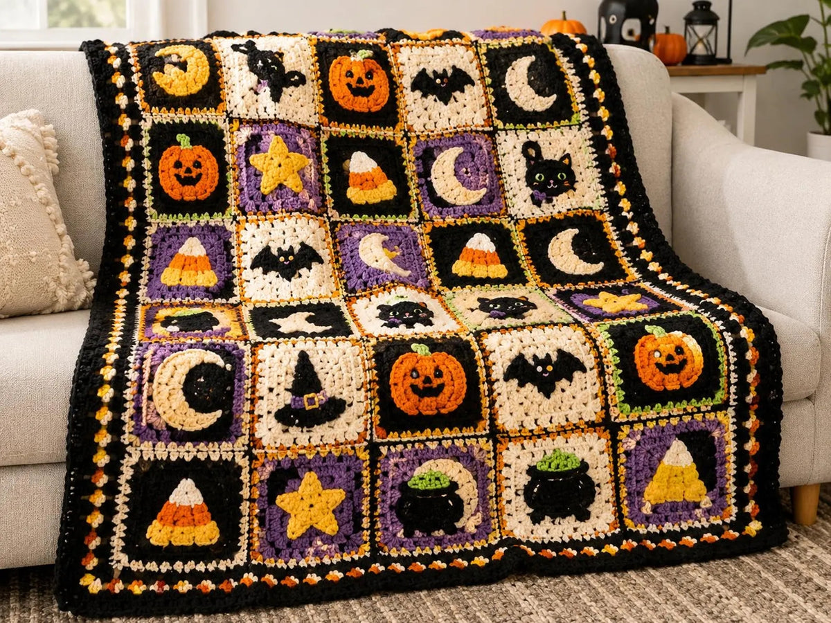 Halloween Sampler Granny Square Blanket Crochet Pattern | 8 Motif Squares in One PDF | Pumpkin, Bat, Black Cat, Candy Corn & More | Instant Download