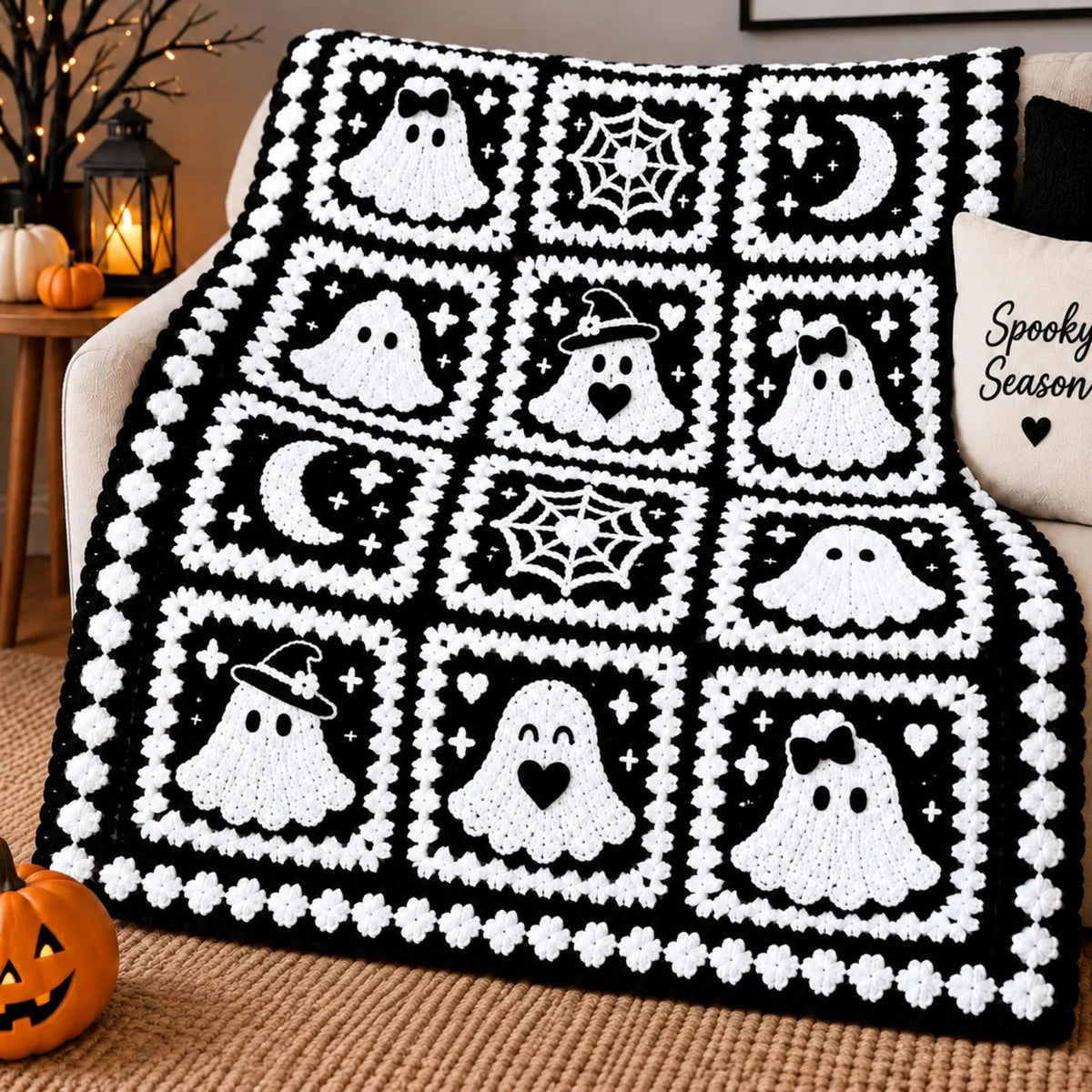 Spooky Season Granny Square Blanket Crochet Pattern | 4 Halloween Motifs in One PDF | Black & White Ghost, Spiderweb & Moon Throw | Instant Download
