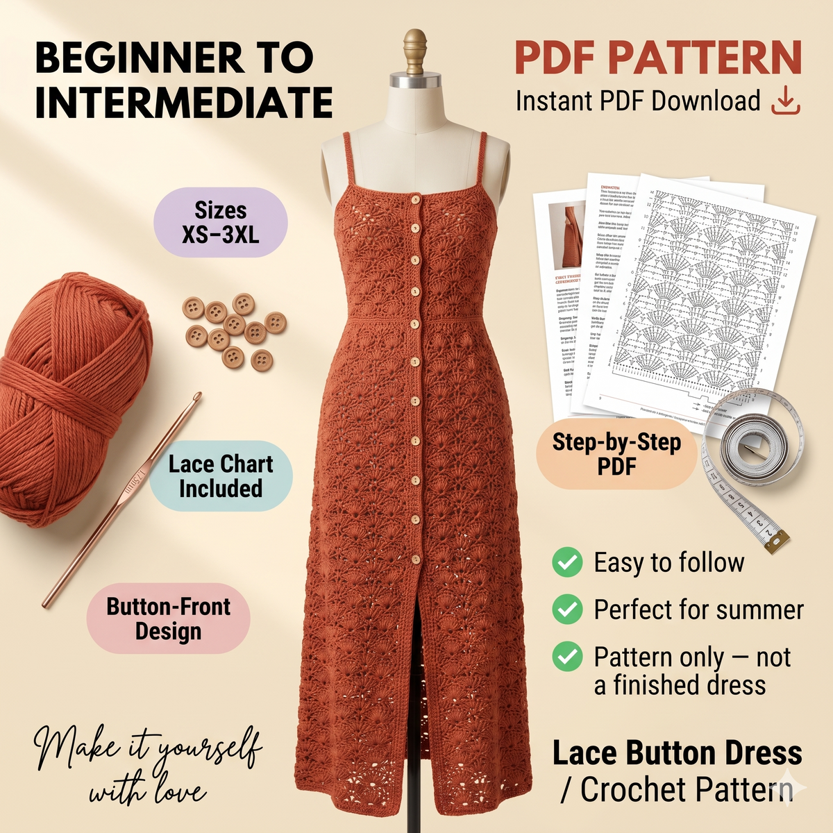 Crochet Dress Pattern, Summer Boho Lace Button-Front (PDF Download)