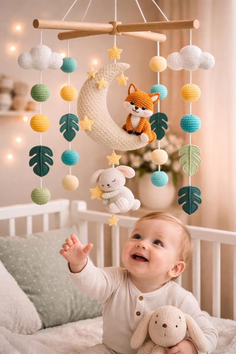 safari Woodland Baby Mobile Crochet Pattern PDF, Moon Fox Bunny Nursery Mobile, DIY Crib Hanging Toy, Neutral Baby Gift, Amigurumi Pattern