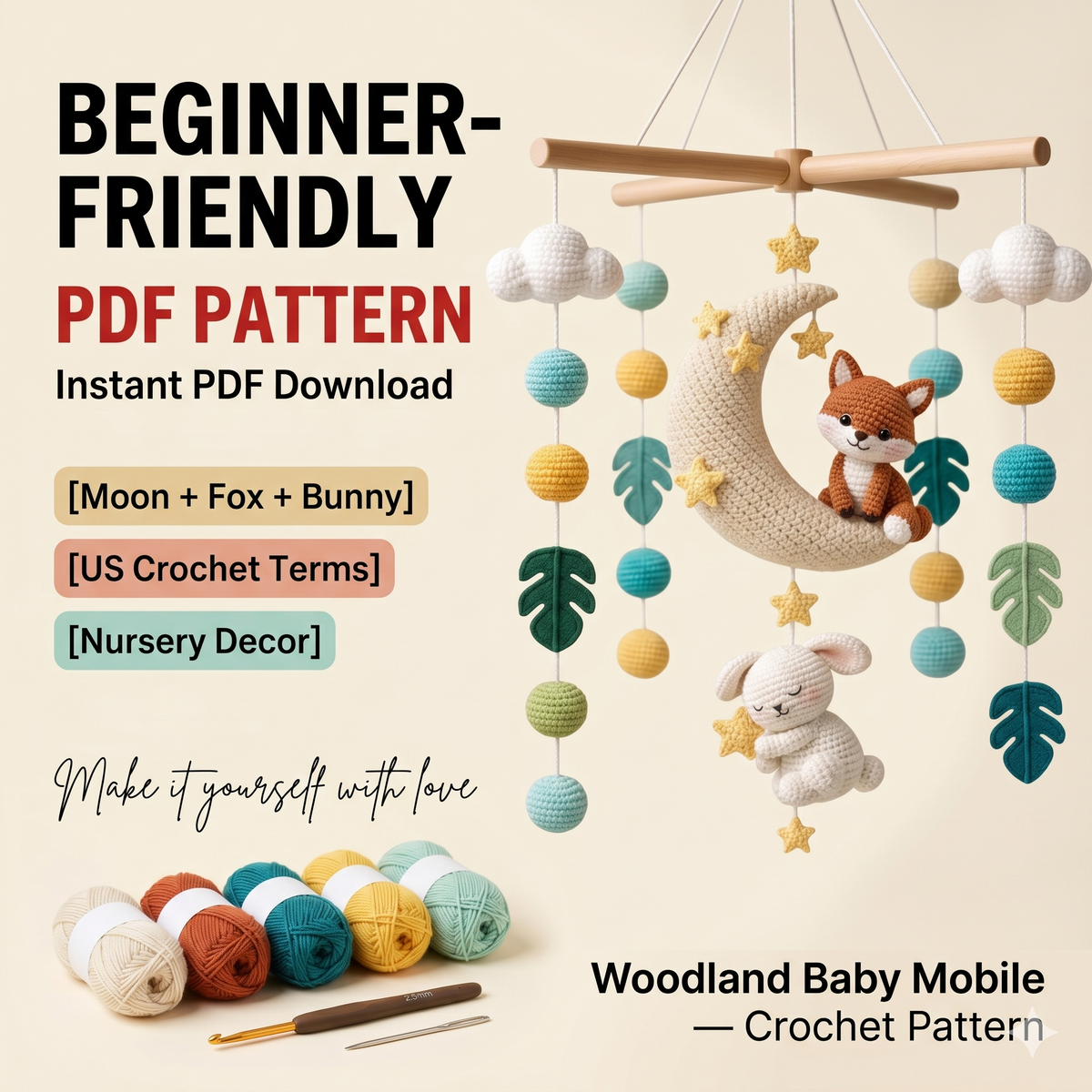 safari Woodland Baby Mobile Crochet Pattern PDF, Moon Fox Bunny Nursery Mobile, DIY Crib Hanging Toy, Neutral Baby Gift, Amigurumi Pattern