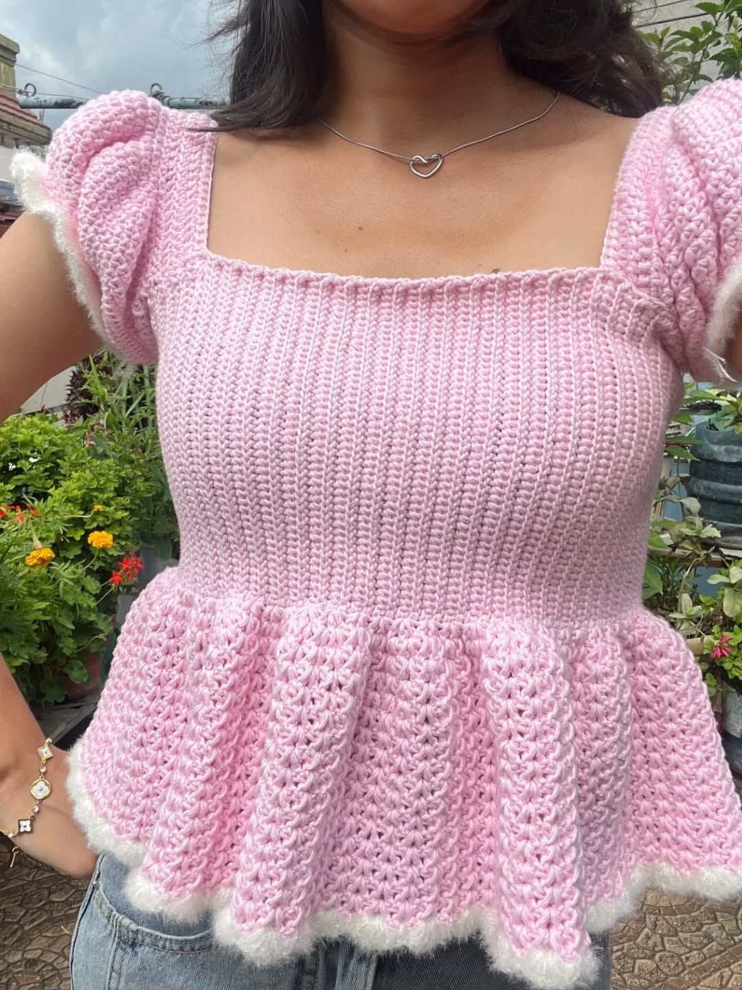 Peplum Crochet Top Pattern | Square Neck Puff Sleeve Ribbed Bodice | Sizes XS–[XX] | PDF Instant Download