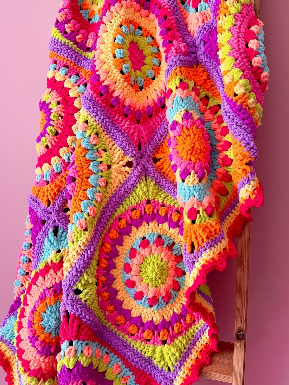 Neon Rainbow Puff Granny Square Blanket Crochet Pattern