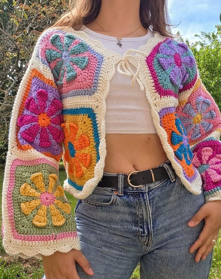 Floral Granny Square Cardigan Crochet Pattern | Cropped Patchwork Cardigan with Cream Border | Sizes XS–[XX] | PDF Instant Download