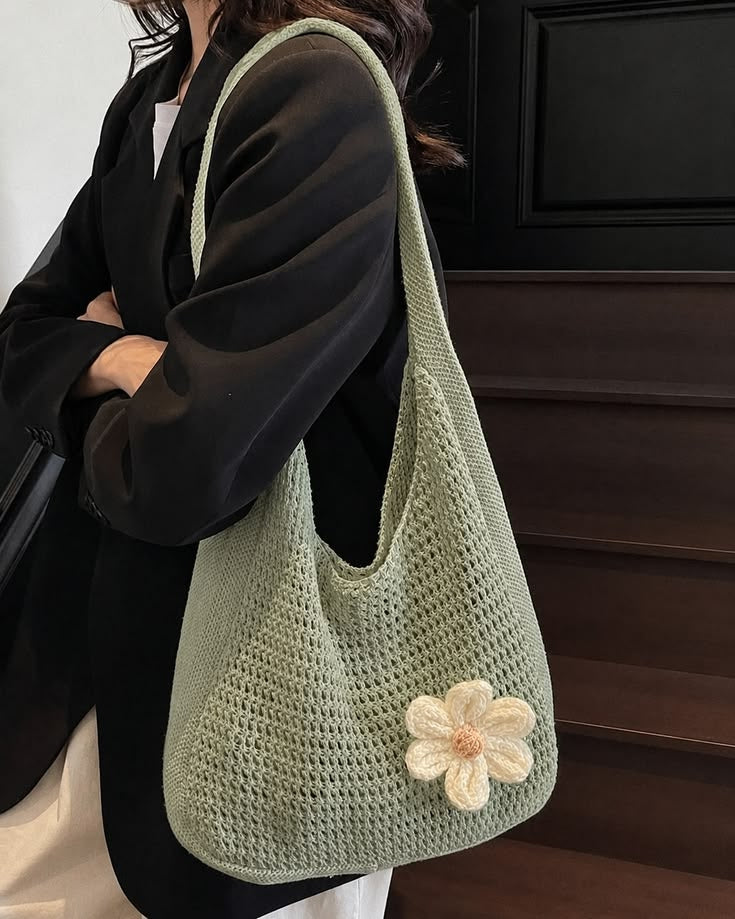 Mesh Crochet Tote Bag Pattern | Slouchy Shoulder Bag with Flower Appliqué | Beginner Crochet Bag | PDF Instant Download