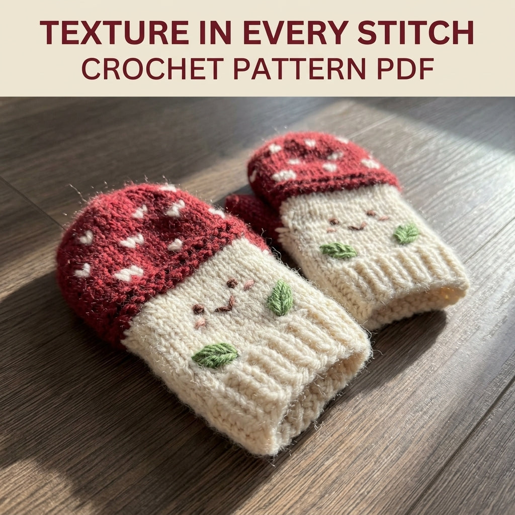 Mushroom Mittens Crochet Pattern PDF – Kids Toadstool Mittens with Faces