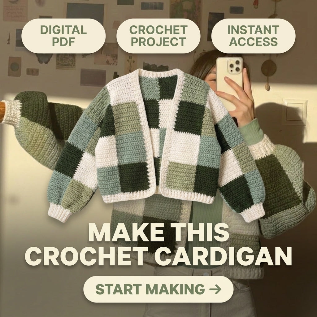 Checkerboard Crochet Cardigan Pattern | Cropped Colour Block Cardigan in Green & Cream | Sizes XS–[XX] | PDF Instant Download