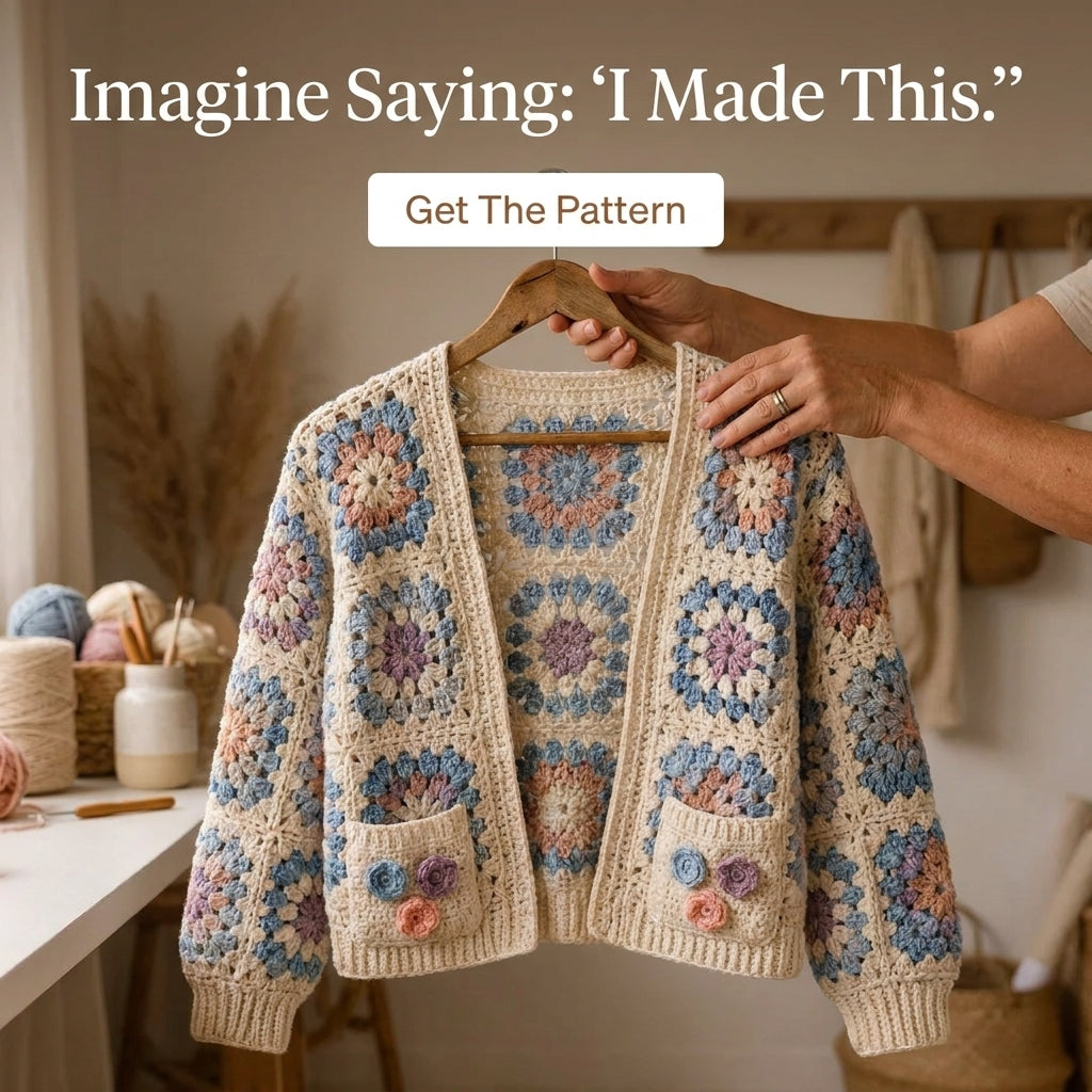 Granny Square Cardigan Crochet Pattern — Cream Boho Cardigan with Pockets and 3D Flowers, Sizes XS–3XL, US Terms, PDF Download