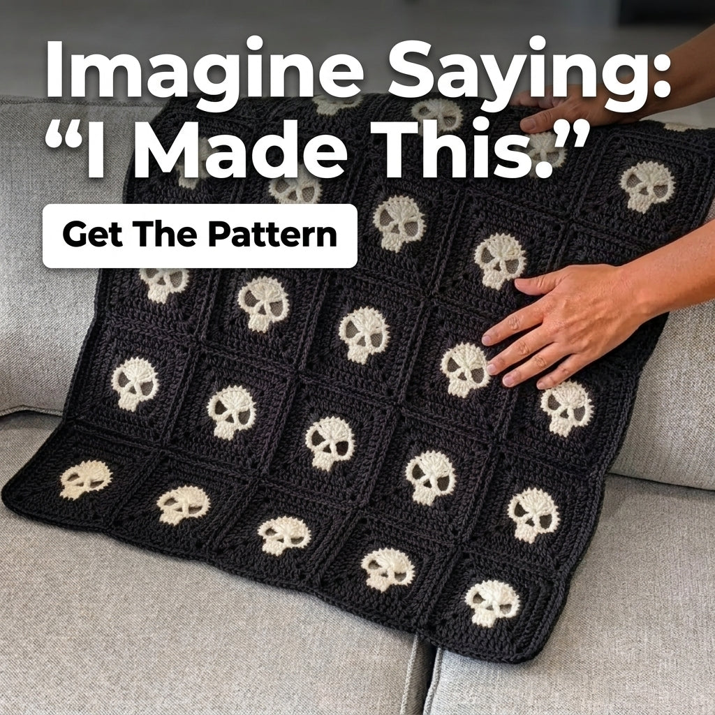Skull Granny Square Blanket Crochet Pattern — Black and Cream Gothic Throw, 4 Sizes, US Terms, PDF Download