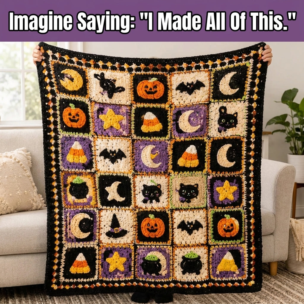 Halloween Sampler Granny Square Blanket Crochet Pattern | 8 Motif Squares in One PDF | Pumpkin, Bat, Black Cat, Candy Corn & More | Instant Download