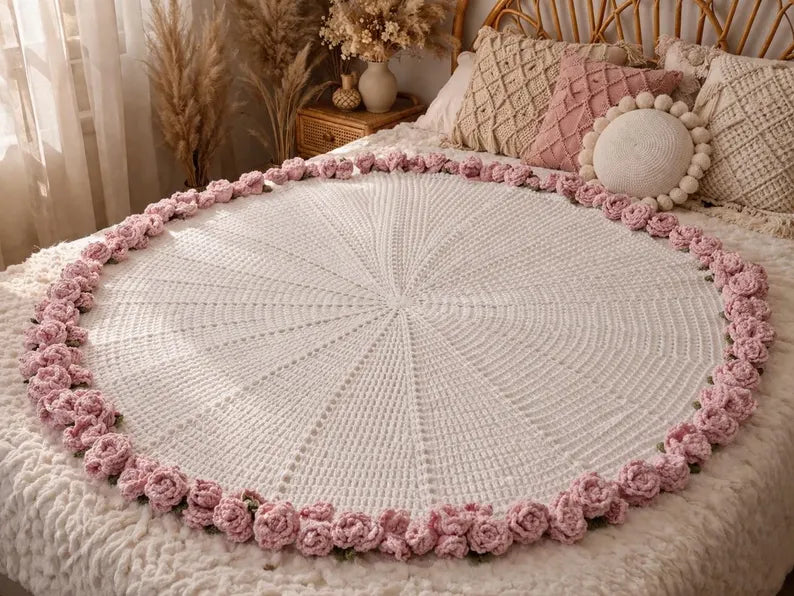Crochet Rose Blanket Pattern, Flower Bouquet Blanket Crochet PDF, Aesthetic Round Blanket DIY, Rose Throw Pattern, Gift Idea Crochet
