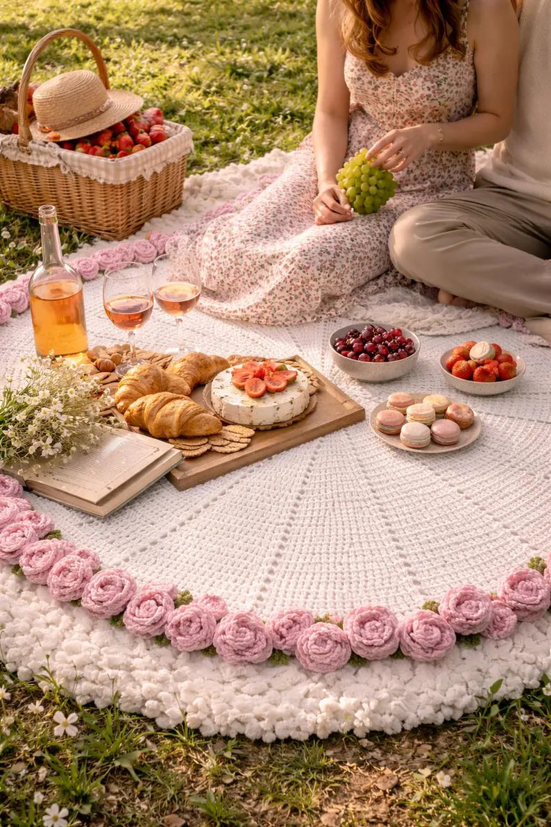 Crochet Rose Blanket Pattern, Flower Bouquet Blanket Crochet PDF, Aesthetic Round Blanket DIY, Rose Throw Pattern, Gift Idea Crochet