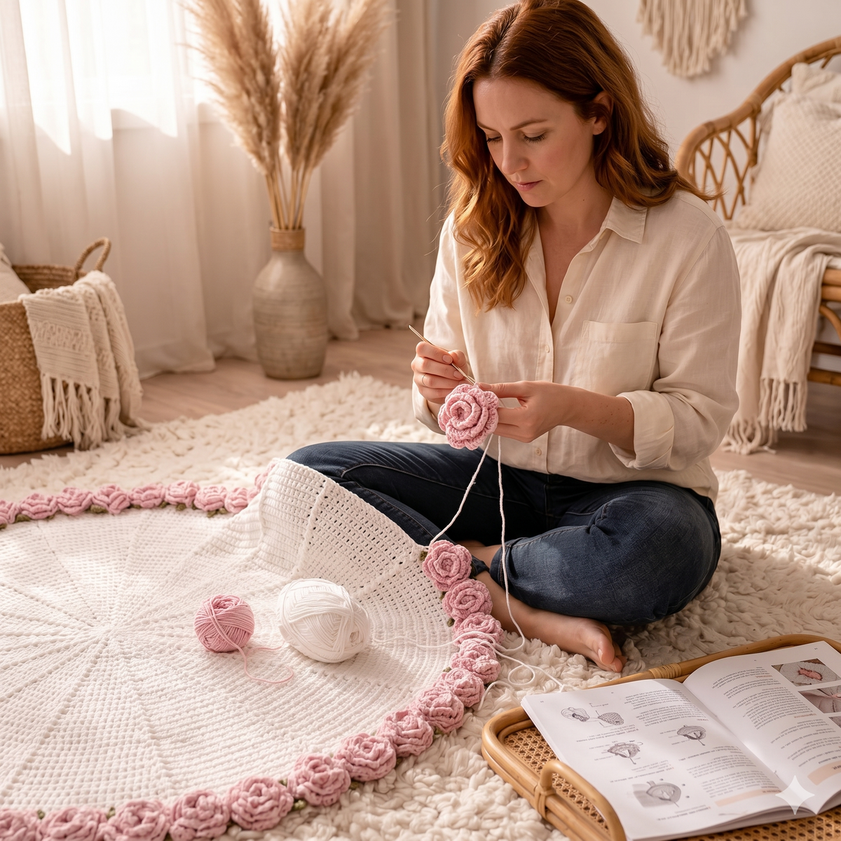 Crochet Rose Blanket Pattern, Flower Bouquet Blanket Crochet PDF, Aesthetic Round Blanket DIY, Rose Throw Pattern, Gift Idea Crochet