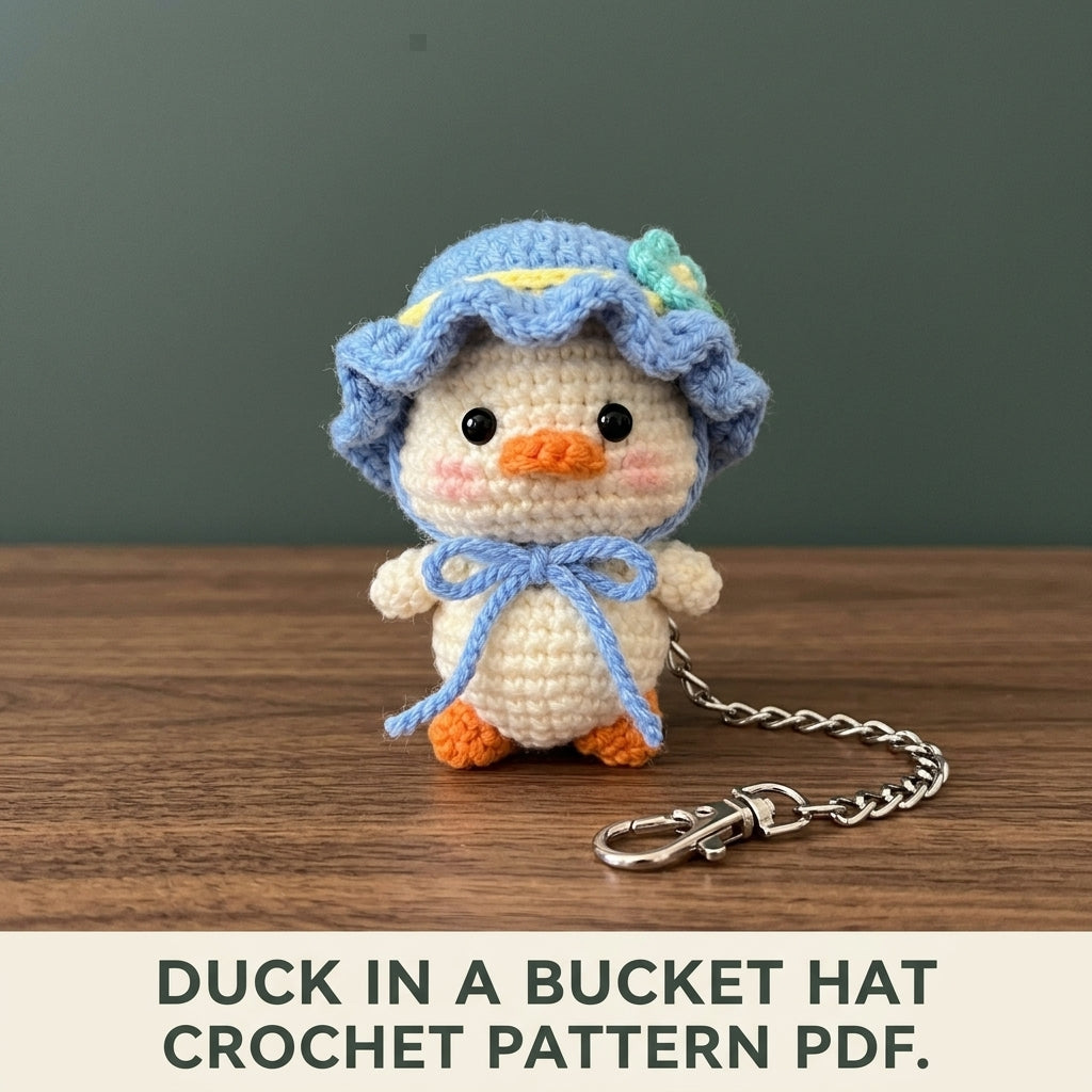 Duck Keychain Crochet Pattern PDF – Amigurumi Duckling in Ruffled Bucket Hat, Cute Bag Charm Pattern