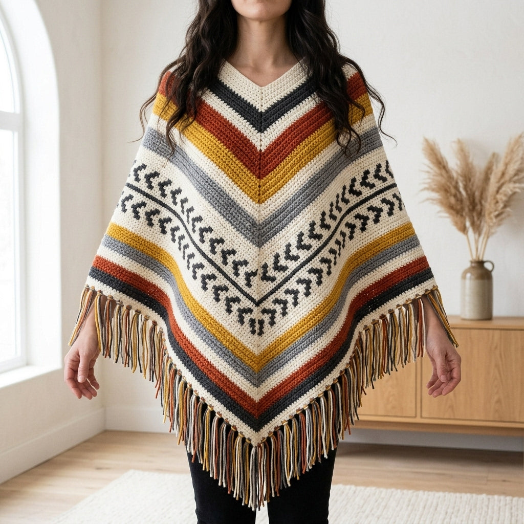 Arrow Stripe Poncho Crochet Pattern PDF – Boho Fringe Poncho with Colourwork Band