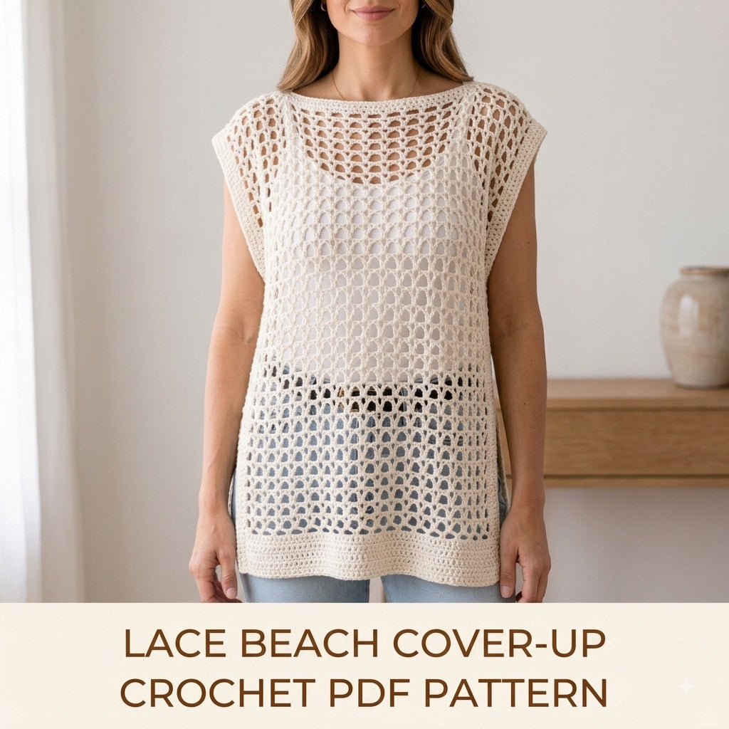 Lace Beach Cover-Up Crochet Pattern PDF – Boxy Mesh Tunic with Side Slits