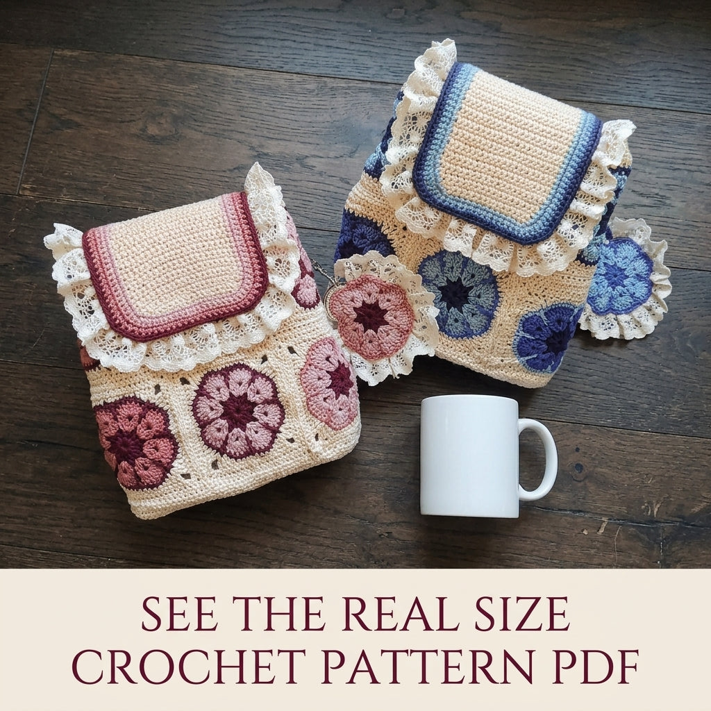 African Flower Mini Backpack Crochet Pattern PDF – Lace Ruffle Bag