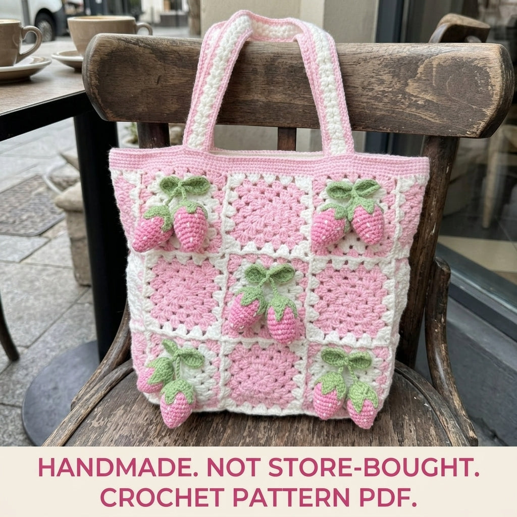 Strawberry Granny Square Tote Crochet Pattern PDF – 3D Strawberry Bag