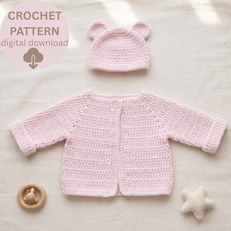CROCHET PATTERN: Baby Cardigan & Teddy Bear Hat Set | Newborn Sweater Pattern | PDF Instant Download