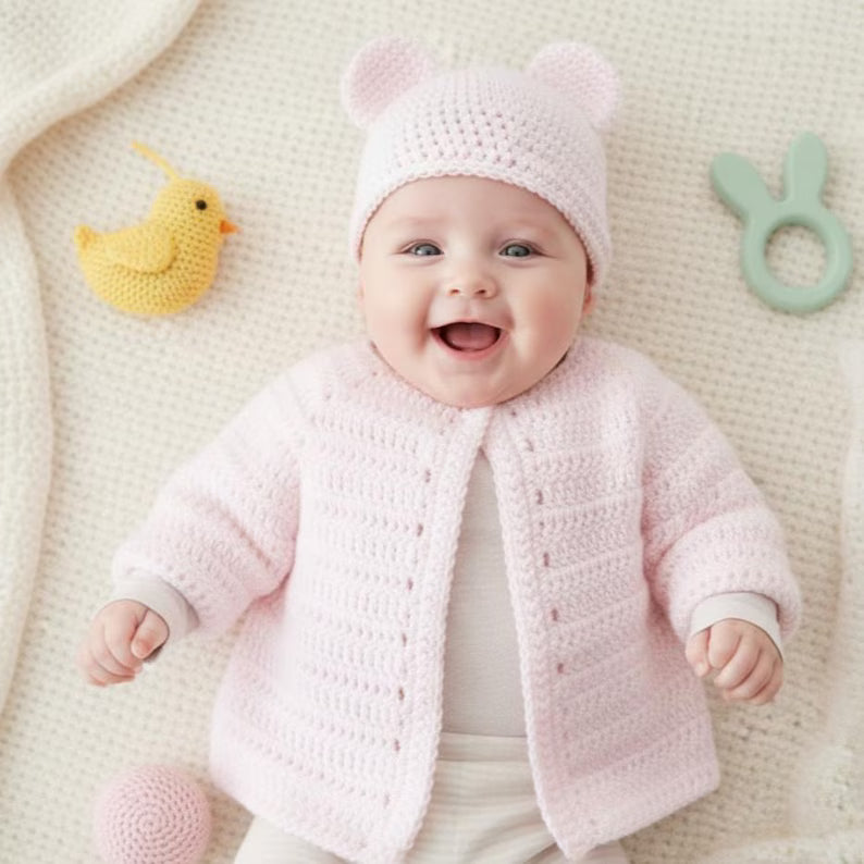 CROCHET PATTERN: Baby Cardigan & Teddy Bear Hat Set | Newborn Sweater Pattern | PDF Instant Download