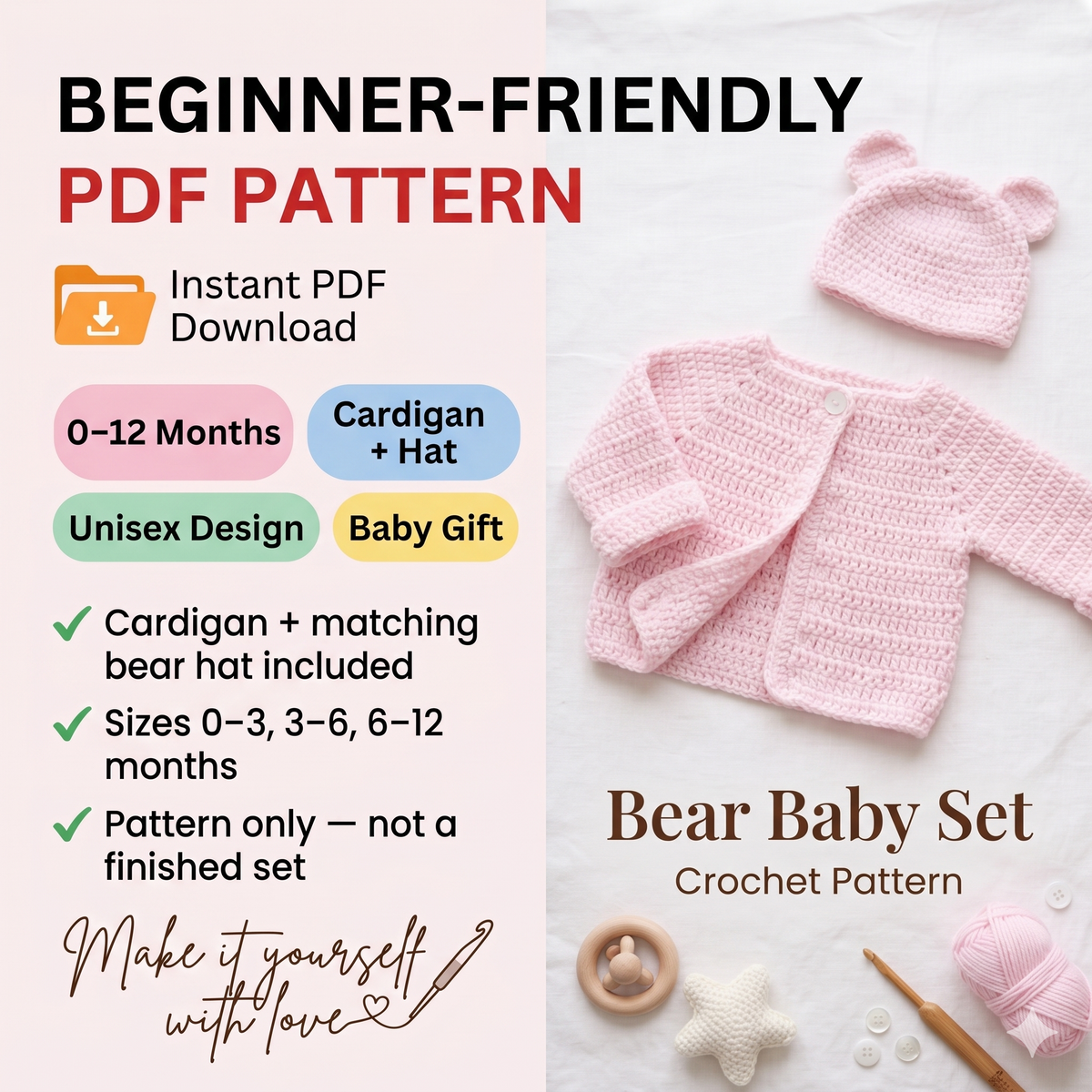 CROCHET PATTERN: Baby Cardigan & Teddy Bear Hat Set | Newborn Sweater Pattern | PDF Instant Download