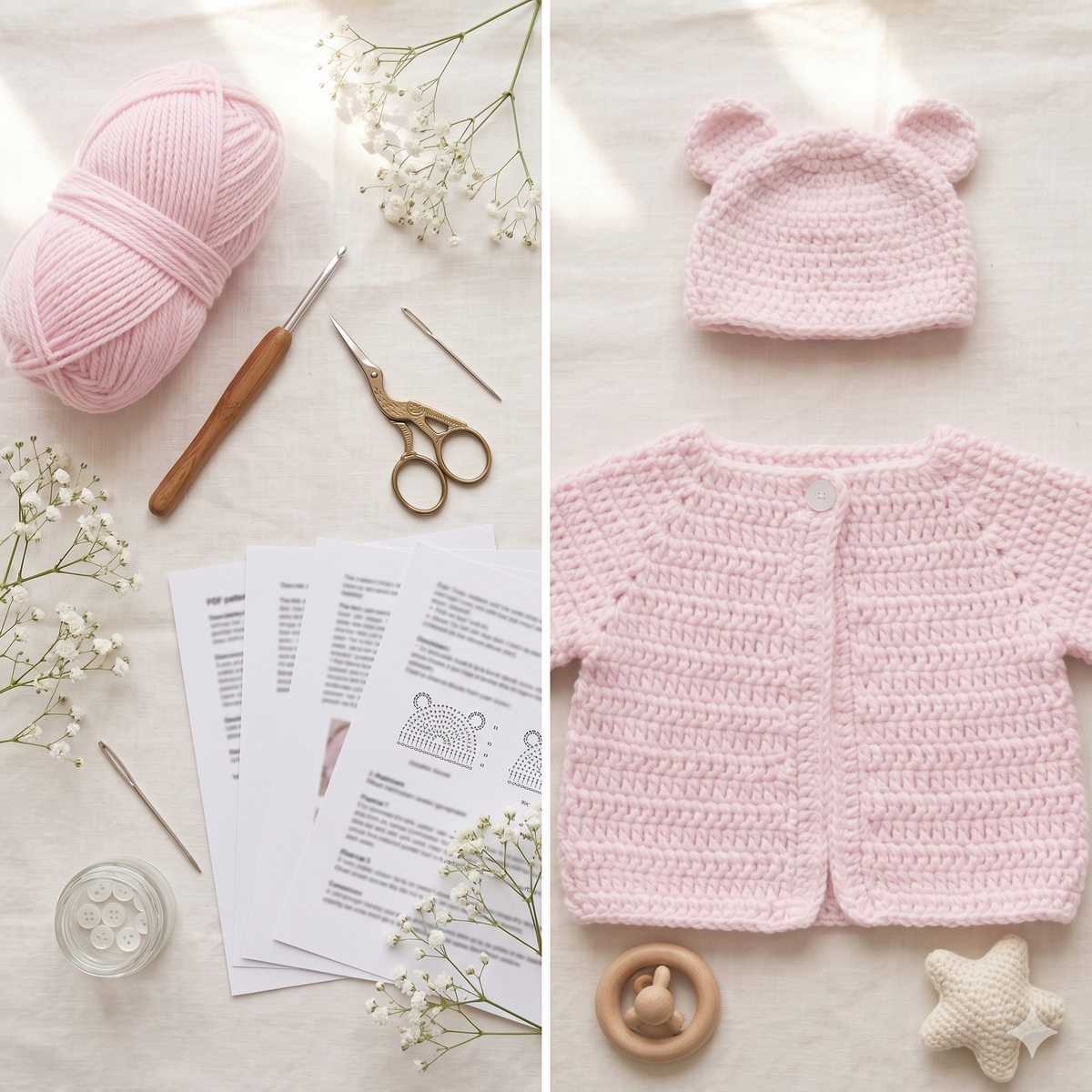 CROCHET PATTERN: Baby Cardigan & Teddy Bear Hat Set | Newborn Sweater Pattern | PDF Instant Download