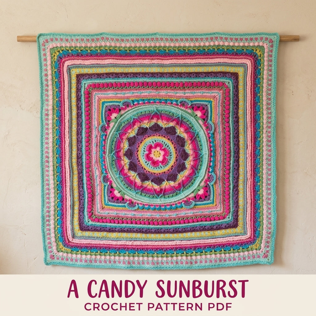 Candy Sunburst Mandala Blanket Crochet Pattern PDF – Bright Textured Square Throw