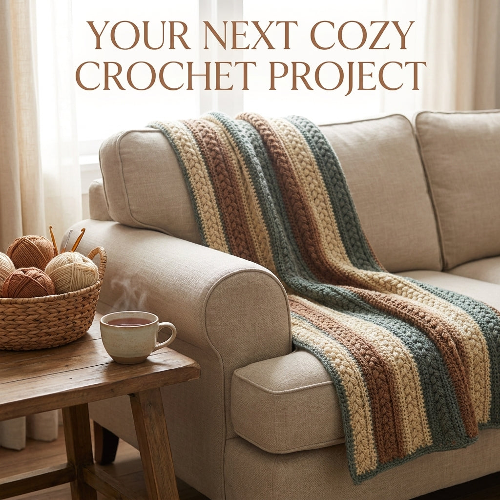 Cabled Stripe Blanket Crochet Pattern — Textured Braid Throw in Earth Tones, 4 Sizes, US Terms, PDF Download