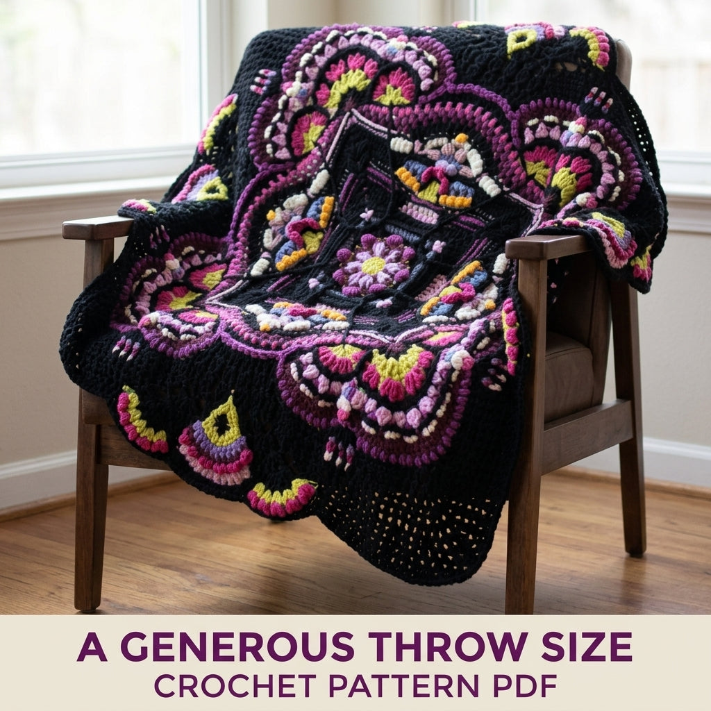 Midnight Bloom Crochet Blanket Pattern PDF – Textured Mandala Throw on Black