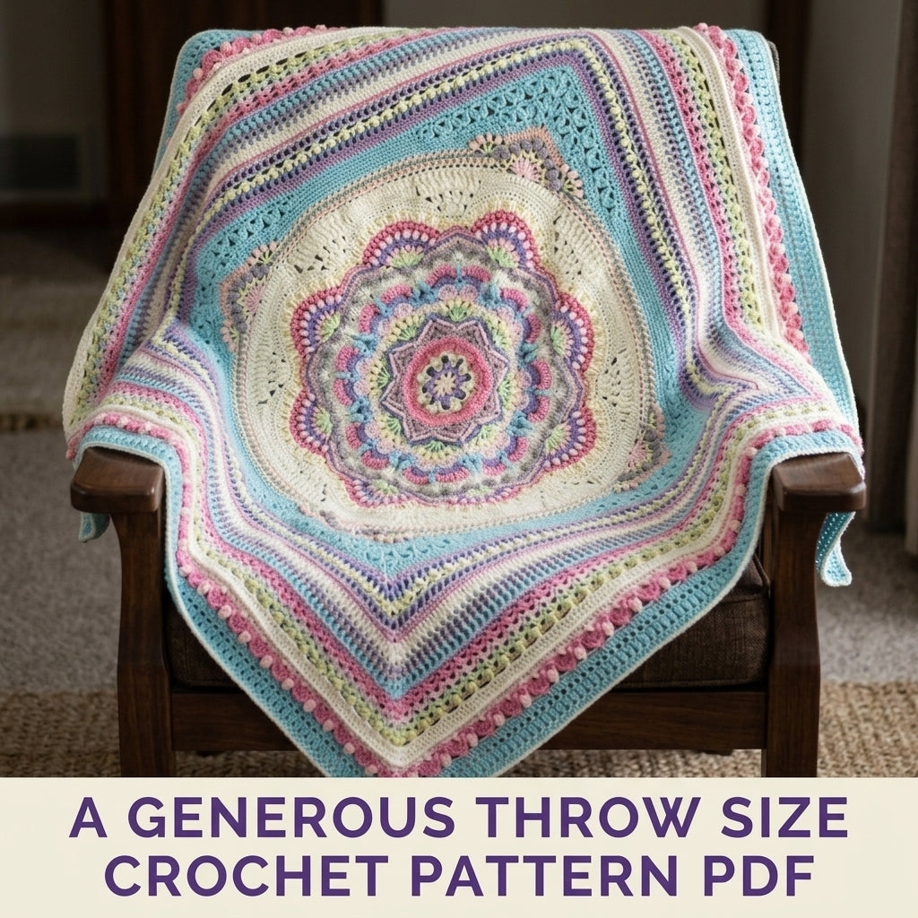 Pastel Rainbow Mandala Blanket Crochet Pattern PDF – Textured Mandala Square Throw