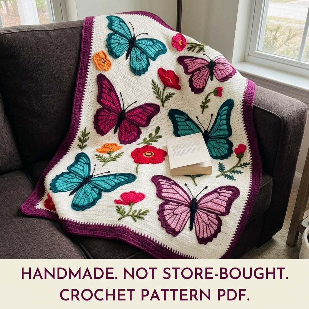 Butterfly Garden Appliqué Blanket Crochet Pattern PDF – Butterflies and Poppies Throw