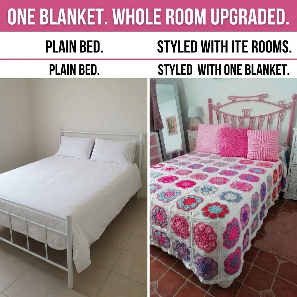 Flower Granny Square Bedspread Crochet Pattern — White-Framed Vintage Afghan with Popcorn Petals, US Terms, PDF Download