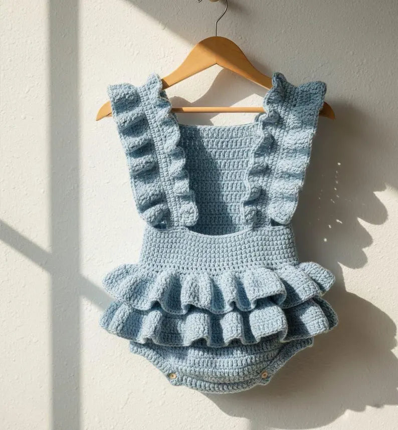Blue Ruffle Baby Romper Crochet Pattern | Vintage Sunsuit (0-6 Months) (PDF Pattern)