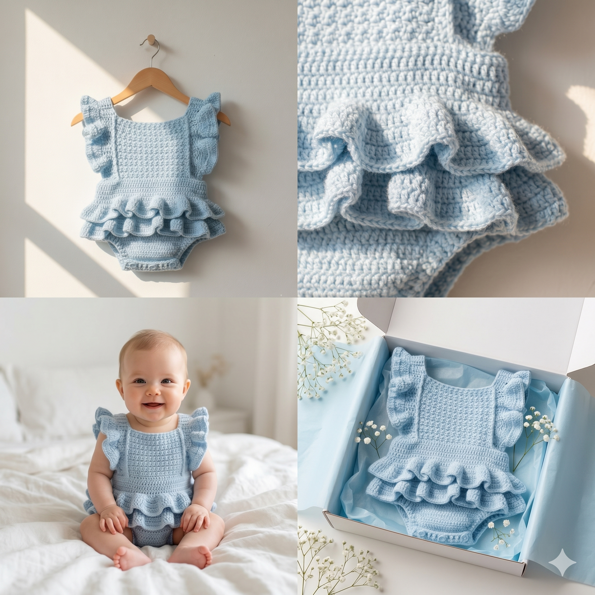 Blue Ruffle Baby Romper Crochet Pattern | Vintage Sunsuit (0-6 Months) (PDF Pattern)