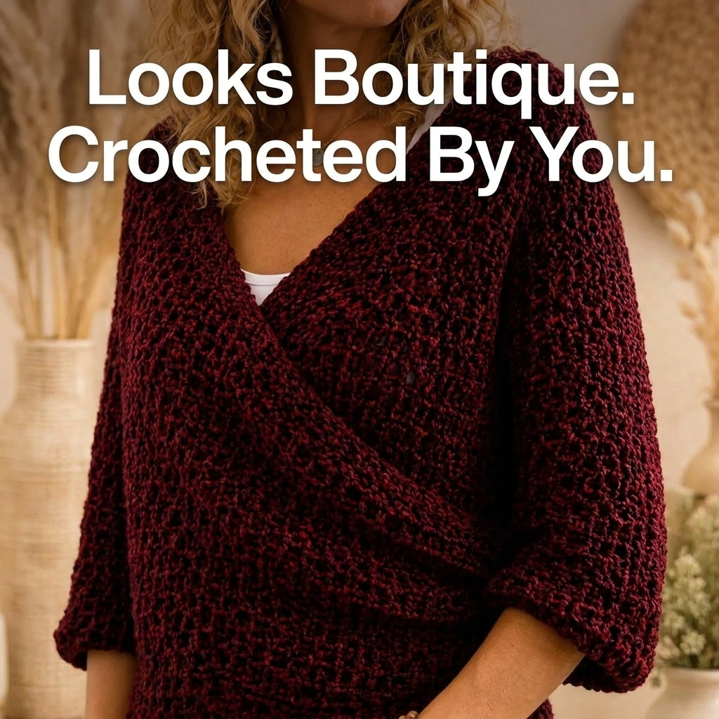 Wrap Front Sweater Crochet Pattern — Textured Surplice Jumper with 3/4 Sleeves, Sizes XS–3XL, US Terms, PDF Download