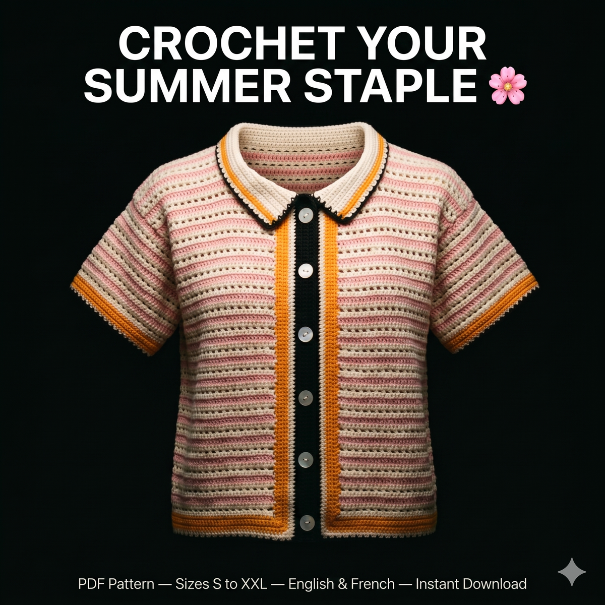 Crochet Button up Shirt Pattern for women - Crochet Summer Top Pattern - Women Size (S to XXL) - Pdf Files in English & French