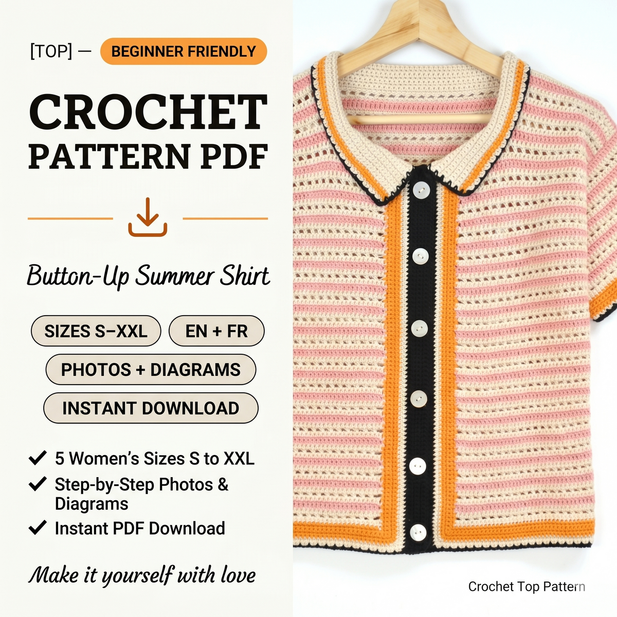 Crochet Button up Shirt Pattern for women - Crochet Summer Top Pattern - Women Size (S to XXL) - Pdf Files in English & French