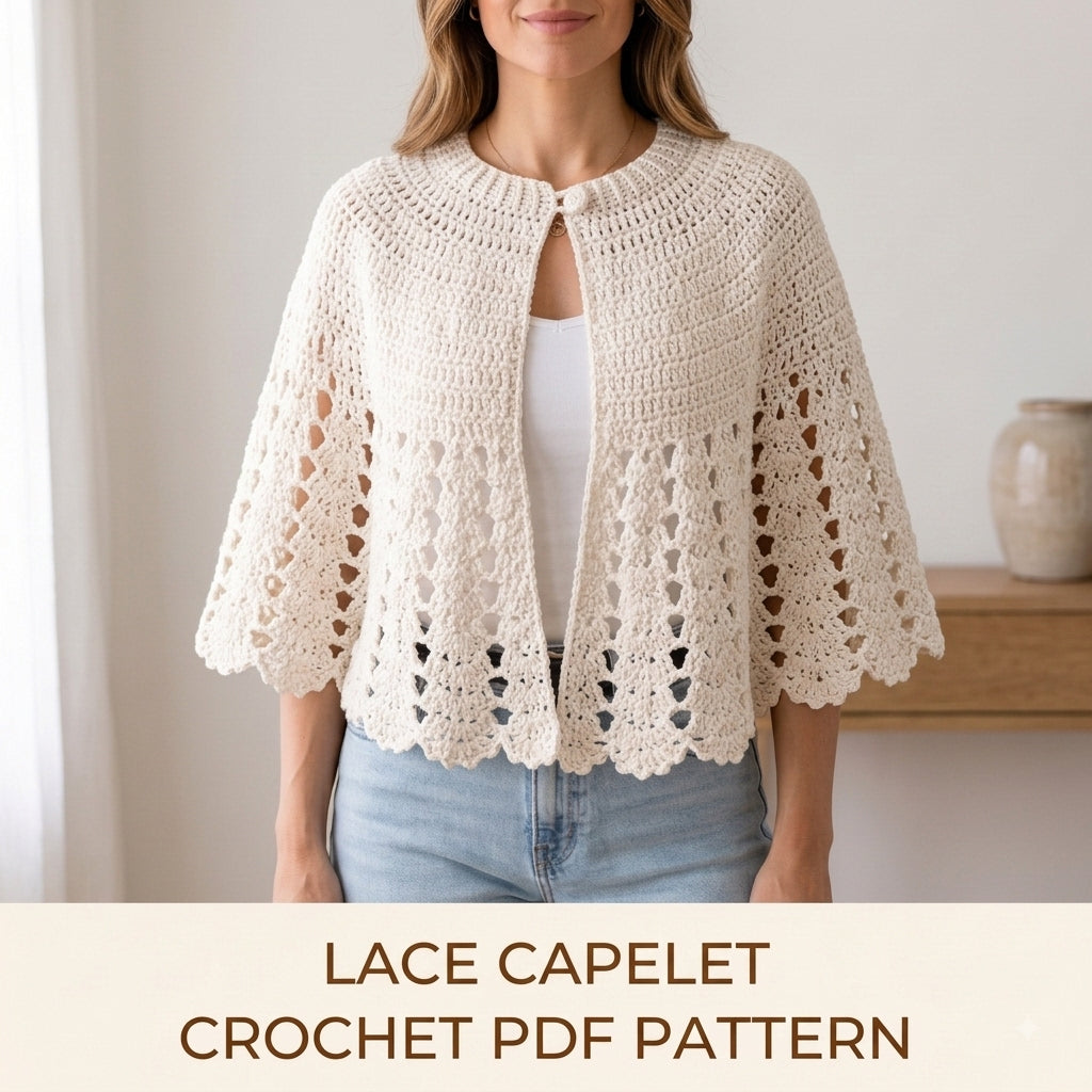 Lace Capelet Crochet Pattern PDF – Women's Shell Lace Cape with Scalloped Hem