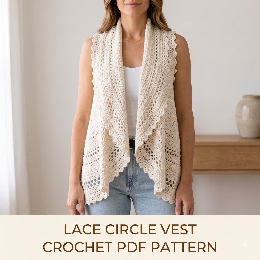 Lace Circle Vest Crochet Pattern PDF – Cascading Sleeveless Vest with Scalloped Edge