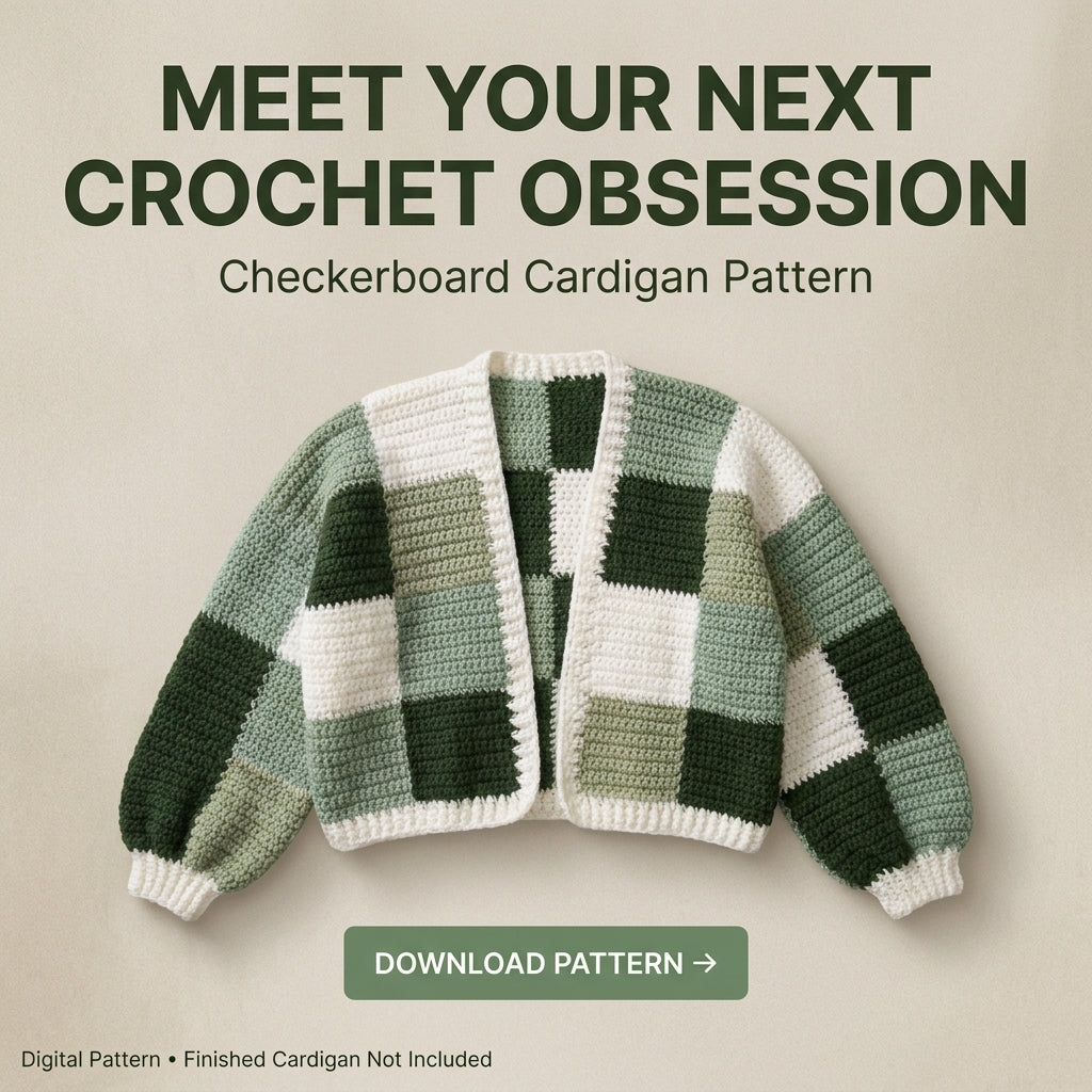 Checkerboard Crochet Cardigan Pattern | Cropped Colour Block Cardigan in Green & Cream | Sizes XS–[XX] | PDF Instant Download