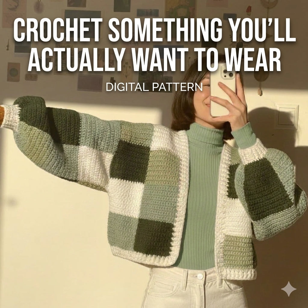 Checkerboard Crochet Cardigan Pattern | Cropped Colour Block Cardigan in Green & Cream | Sizes XS–[XX] | PDF Instant Download