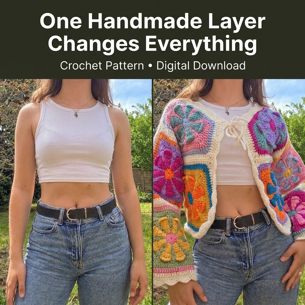 Floral Granny Square Cardigan Crochet Pattern | Cropped Patchwork Cardigan with Cream Border | Sizes XS–[XX] | PDF Instant Download