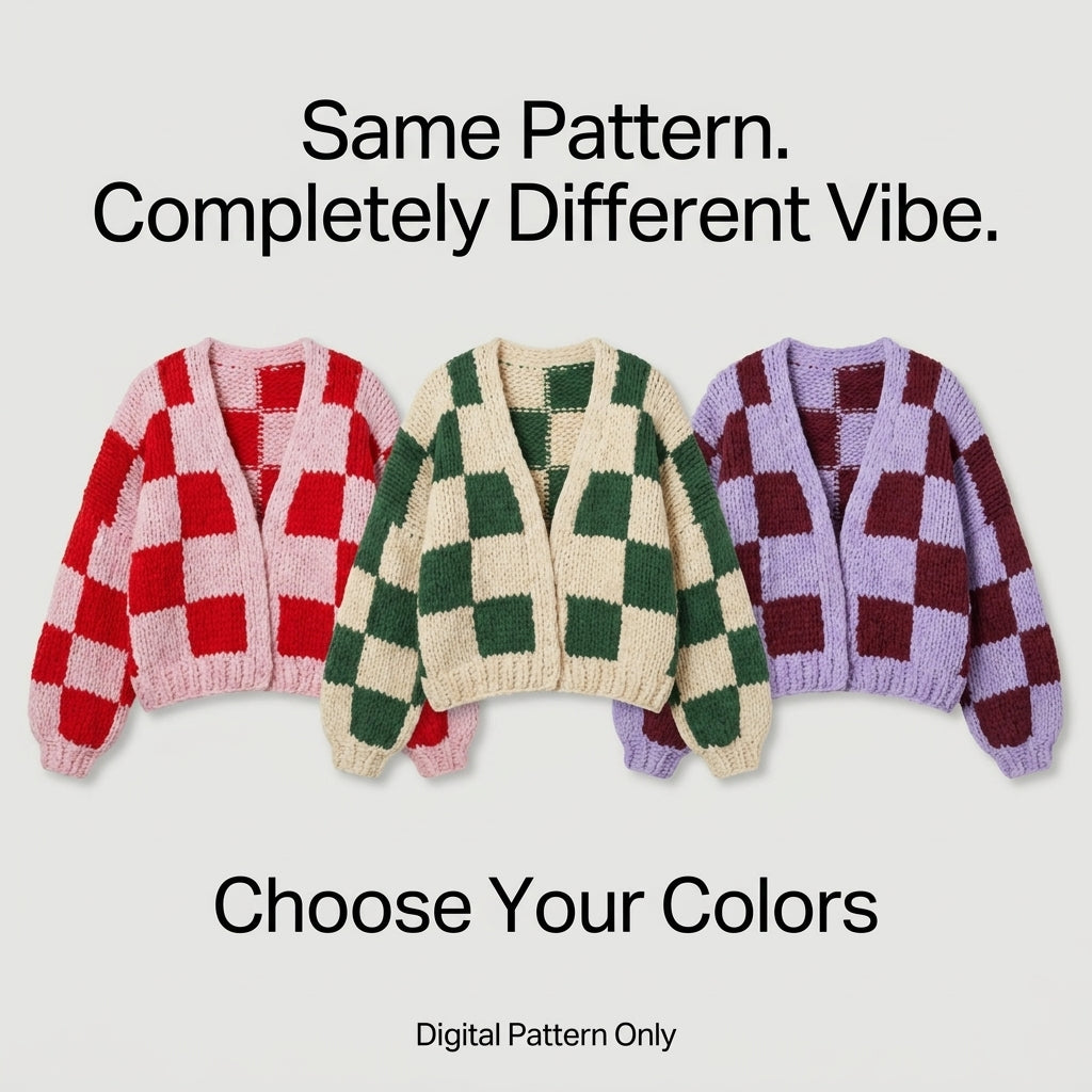 Chunky Checkerboard Cardigan KNITTING Pattern | Oversized Hand Knit Check Cardigan | Super Bulky Weekend Project | Sizes XS–[XX] | PDF Instant Download